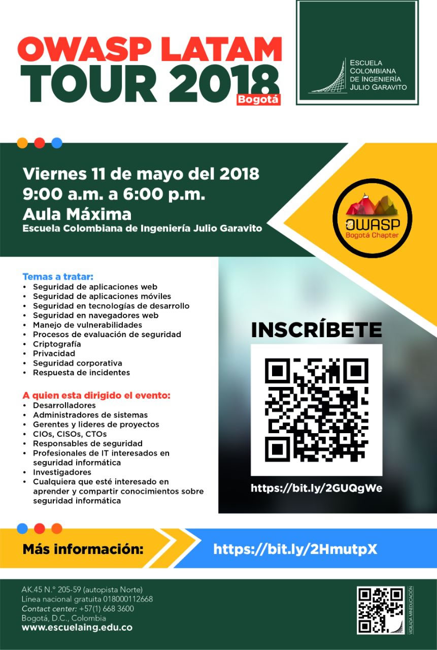 OWASP Latam Tour 2018 el viernes en la Escuela Colombiana de Ingeniera