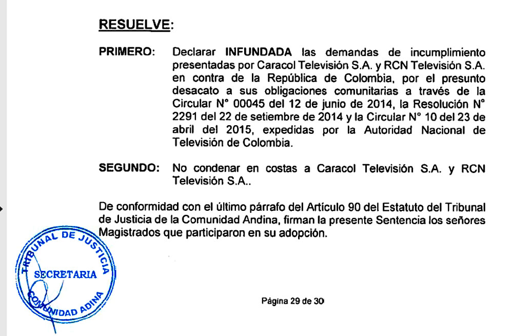 PRIMICIA - Tribunal Andino de Justicia falla contra Caracol Tv y RCN Tv