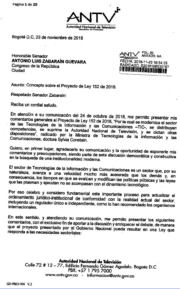 Nueva carta de Camila Villamizar contra proyecto de ley de Modernizacin del Sector TIC