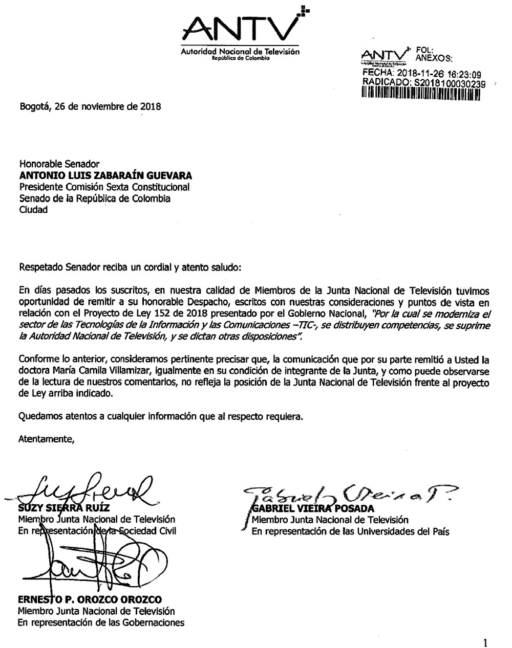 Tres miembros de JD de ANTV manifiestan que la posicin de Camila Villamizar no es la de la JD.