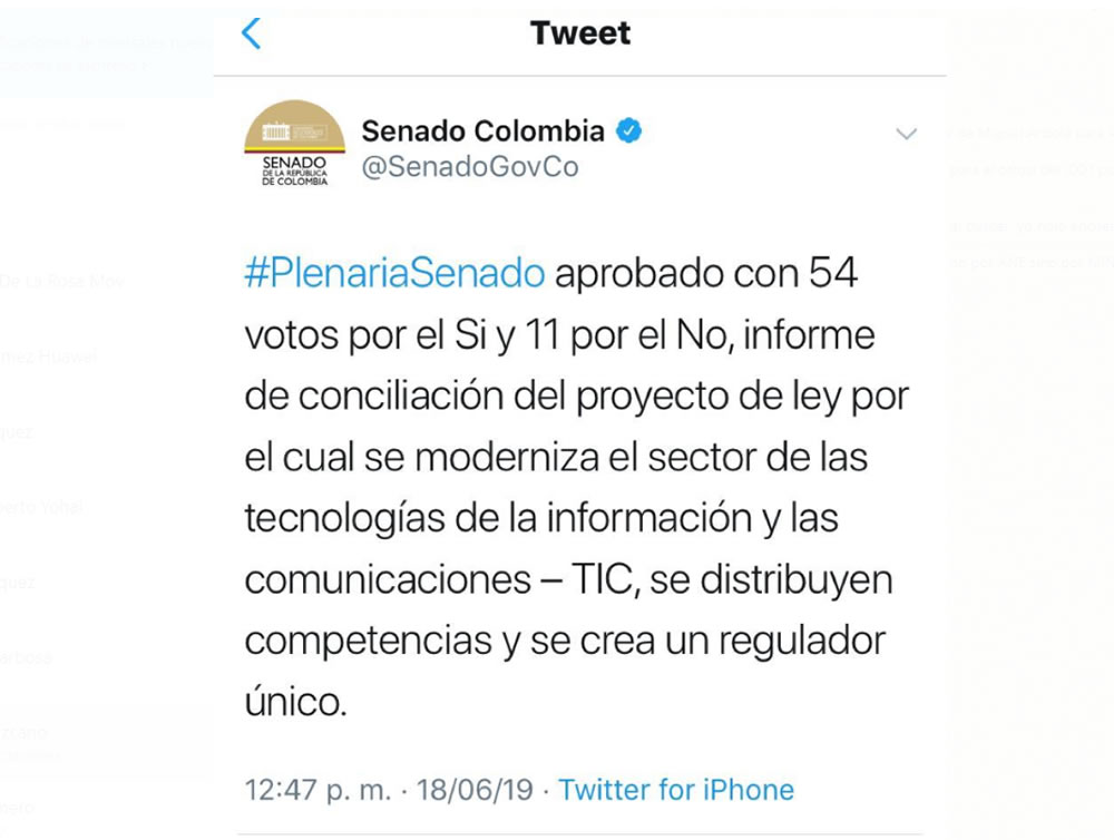 Por gran mayoría el Senado de Colombia aprobó la conciliación del proyecto de ley  Para la Modernización del Sector TIC. http://www.evaluamos.com/?home/detail/16788