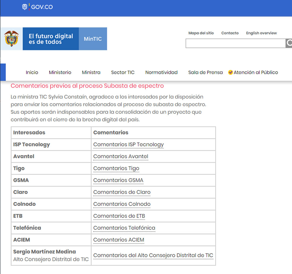 MinTIC publica comentarios al proceso de subasta de espectro