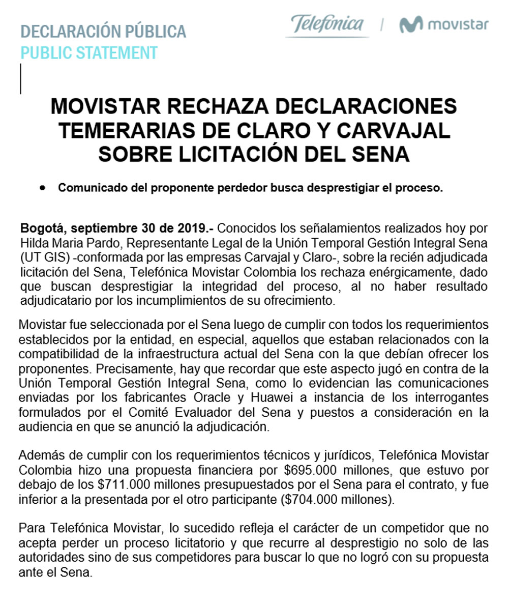 Movistar rechaza afirmaciones temerarias de Claro y Carvajal que perdieron licitación del Sena