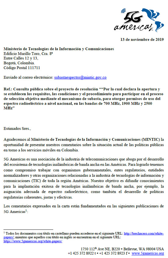 Interesante carta de 5G Americas sobre nueva resolución de subasta de espectro