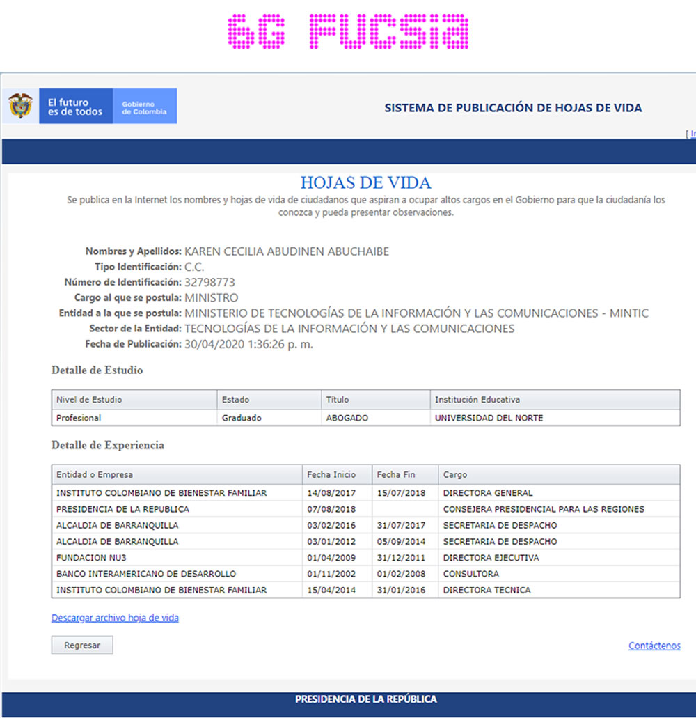 6G Fucsia – Hoy se posesiona Karen Cecilia Abudinen Abuchaibe como nueva MinTIC