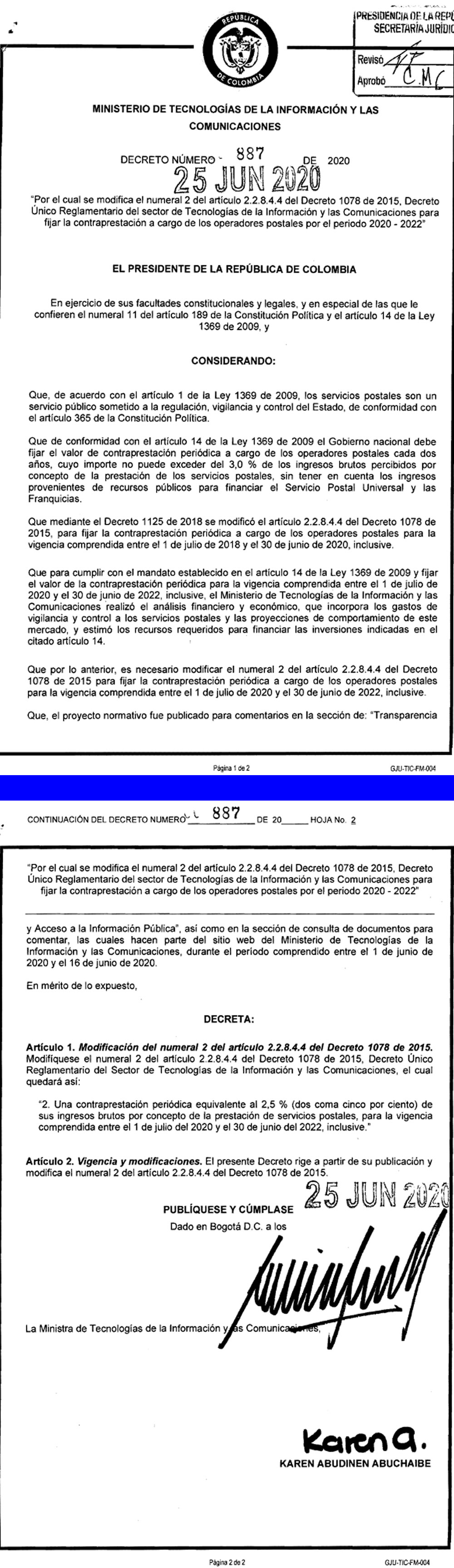 Decreto reduce contraprestación al 2,5% para servicios postales