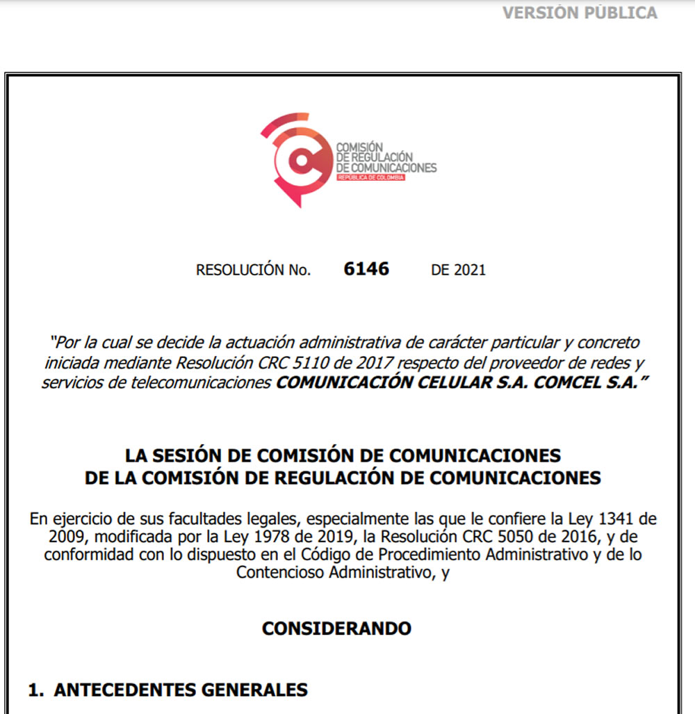 Resolución 6146 de la CRC que constata que Comcel tiene posición dominante en servicios móviles