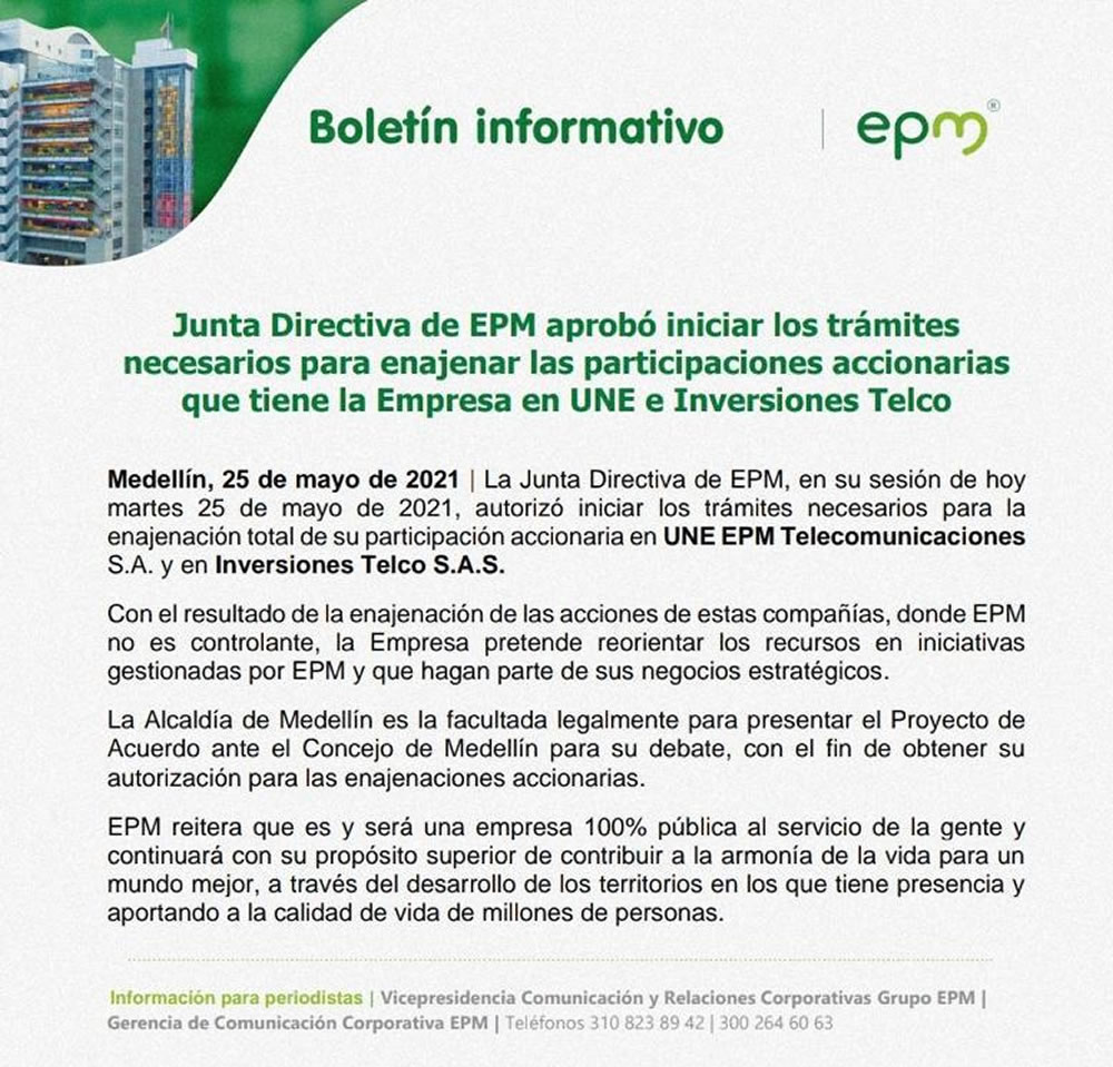 EPM ordena vender participación en Une y en Inversiones Telco