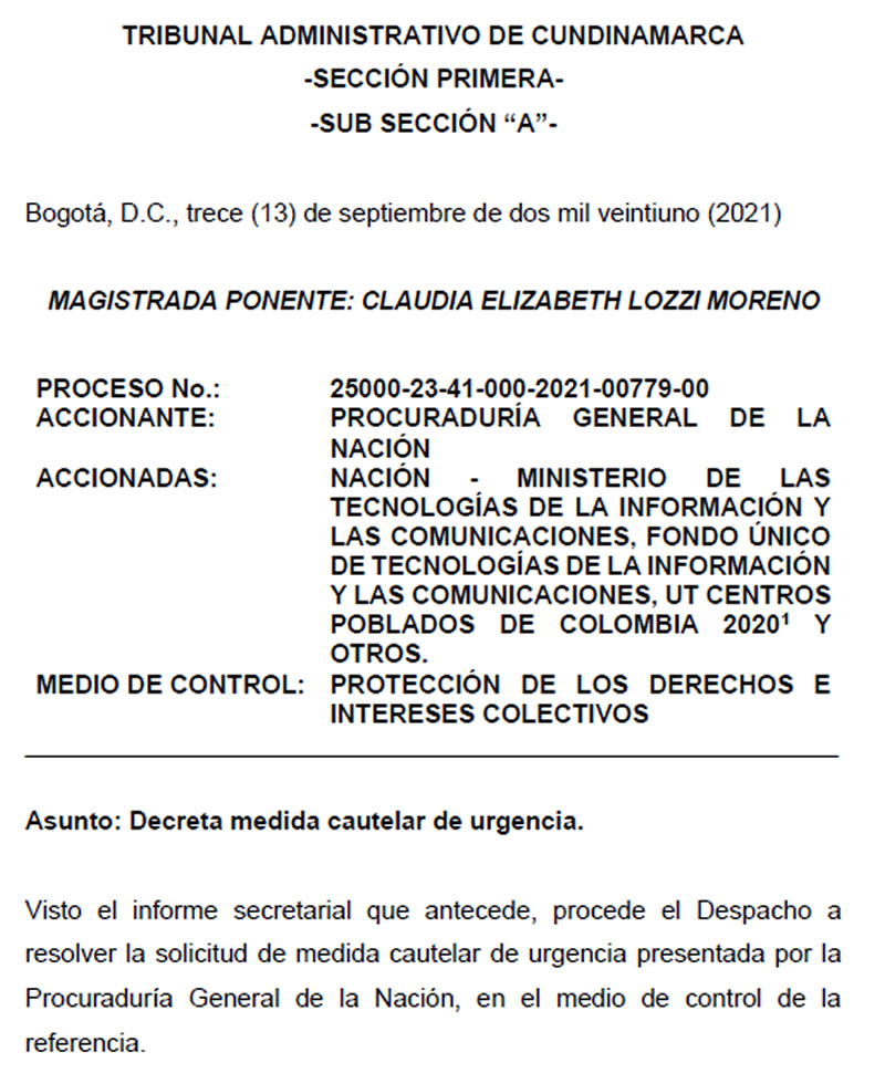 Reveladora medida cautelar de Tribunal de Cundinamarca contra UT Centros Poblados y otros