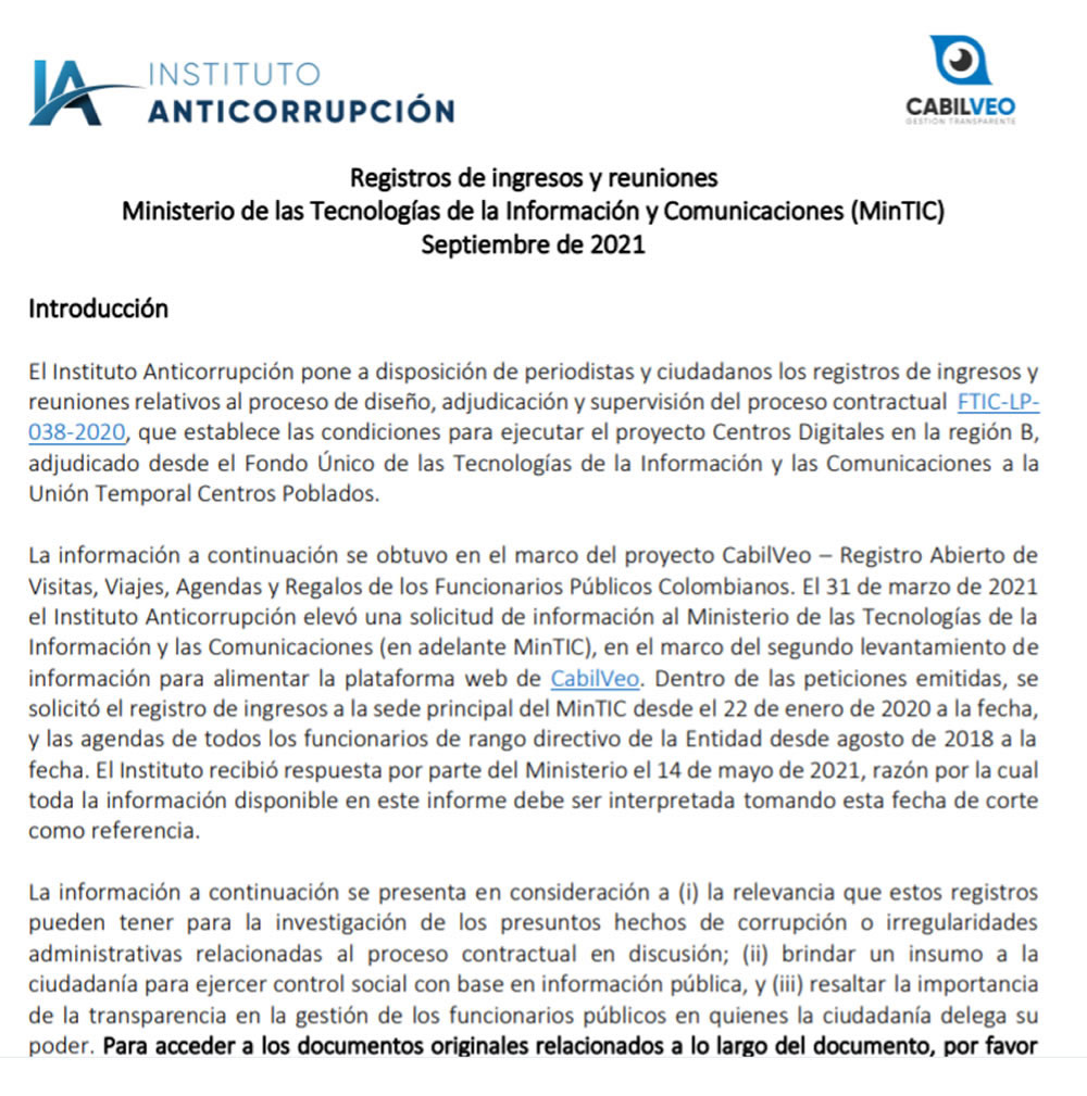 Excelente informe del Instituto Anticorrupción de ingresos a MinTIC