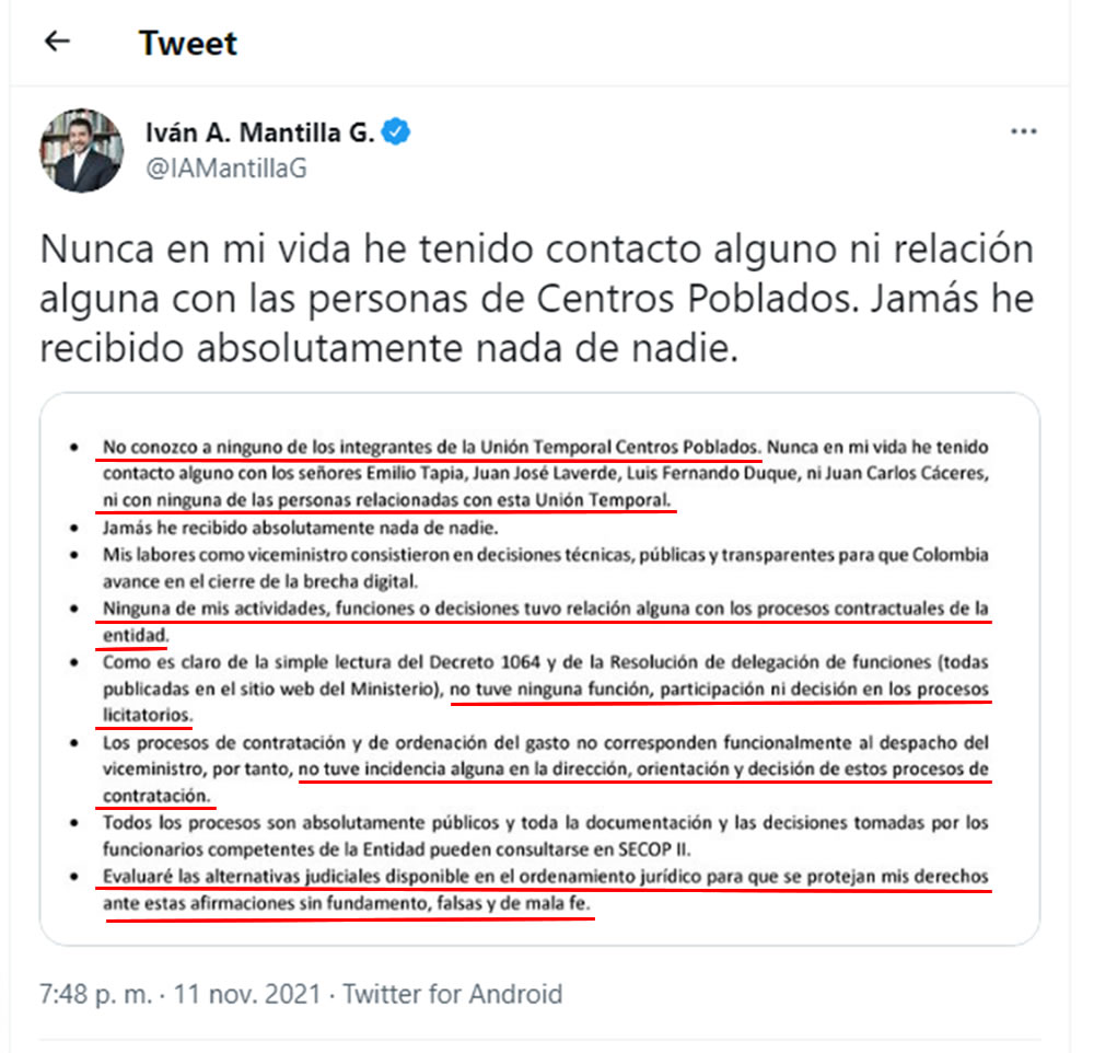 Laverde acusa a Iván Mantilla de recibir dinero de Emilio Tapias, Mantilla lo desmiente