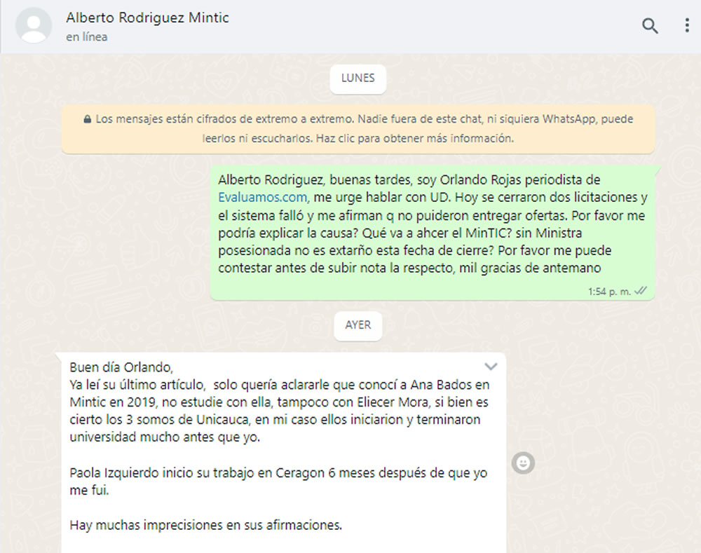 Comentario recibido de Alberto Rodríguez sin negar que estructuró proyecto de UT Centros poblados 