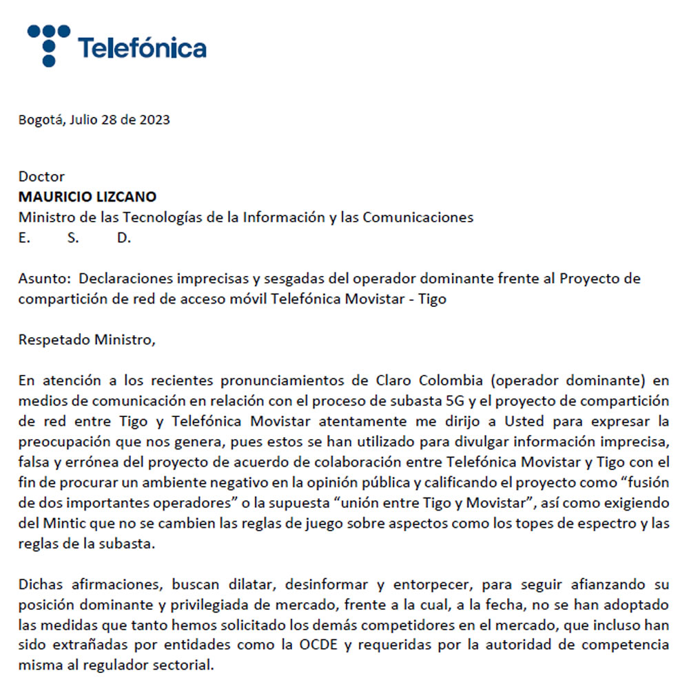 Comunicado de prensa de Movistar sobre declaraciones de Claro que consideran que son faltas
