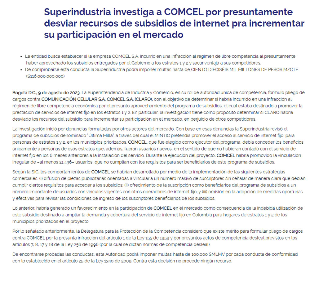 SIC investiga a Comcel por presuntamente desviar recursos de subsidios de internet para incrementar su participación