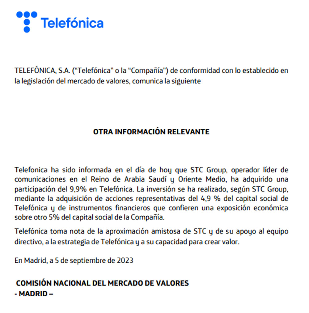 PRIMICIA - Operadora Saudí Telecom STC compra el 9,9% de Telefónica