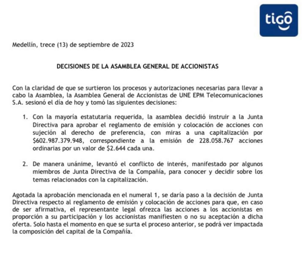 Asamblea de Tigo decide capitalizarse en 602.987 M$, ahora falta la aprobaciÃ³n del Consejo de MedellÃ­n 