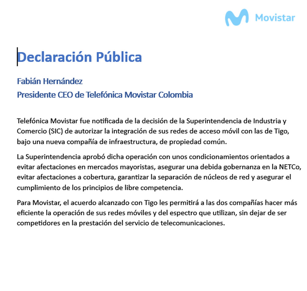 Declaración de Fabián Hernández -presidente CEO Telefónica Movistar Colombia-