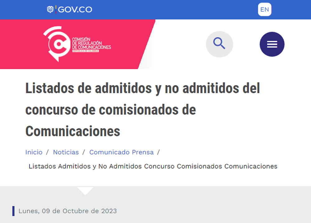 Admitidos y no admitidos al concurso de comisionados de Comunicaciones de la CRC