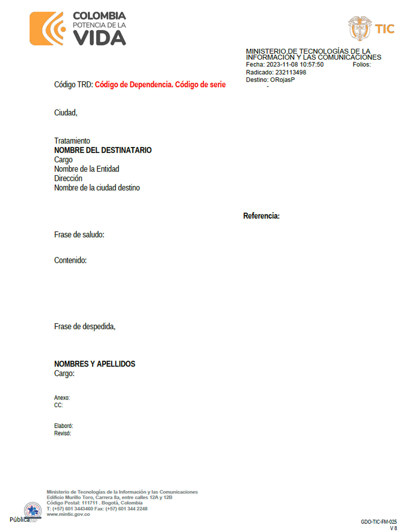 MinTIC respondió Derecho de Petición de Información, desafortunadamente con formato en blanco