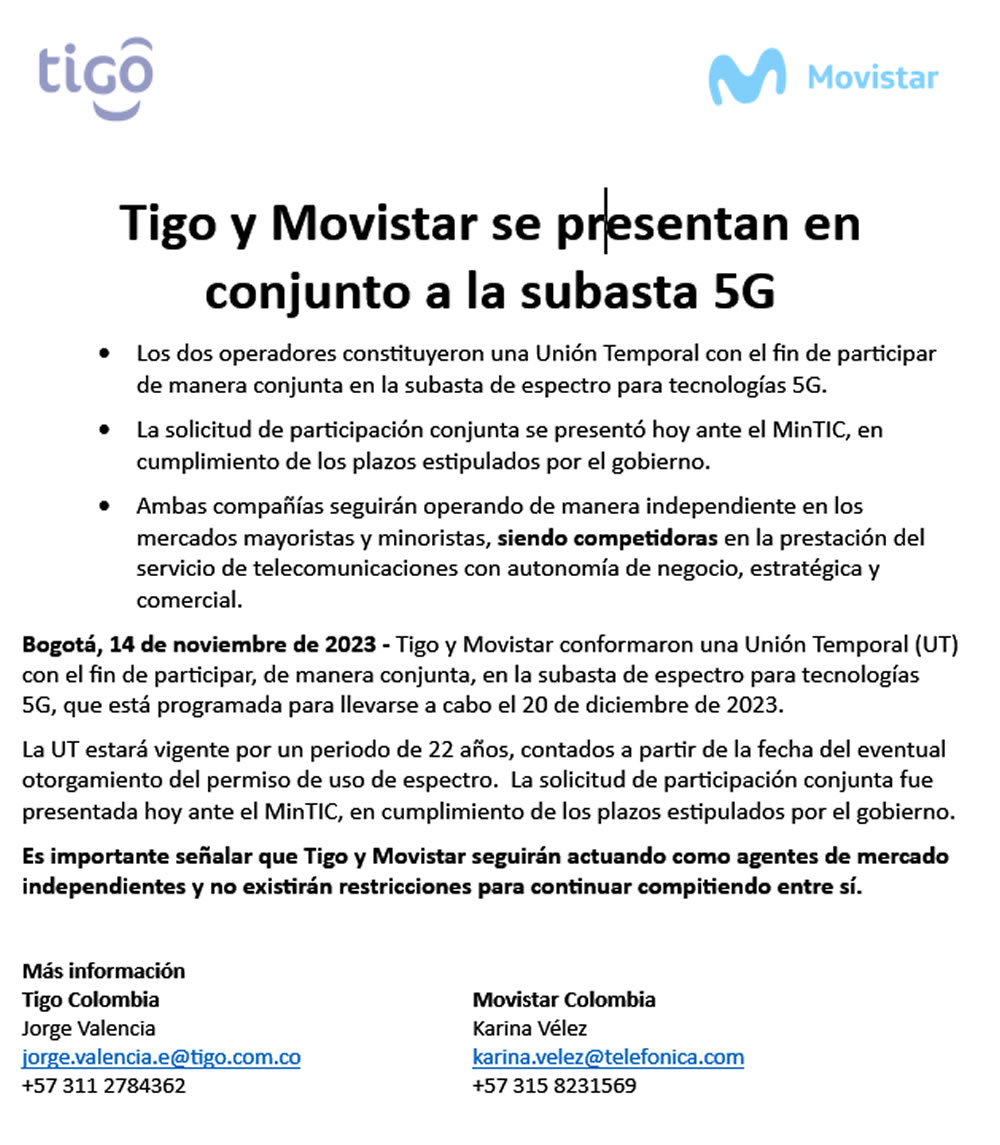 Como lo anticiparon, Tigo y Movistar se presentaron en conjunto para la subasta 5G