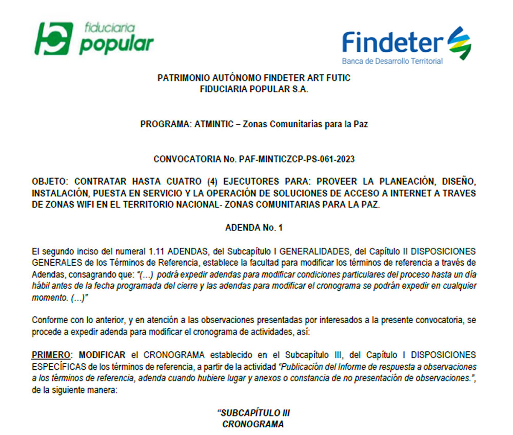 MinTIC por medio de su intermediario Findeter extiende plazo para licitación MINTICZCP-PS-061-2023