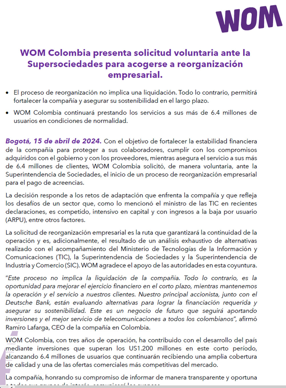 WOM Colombia presenta solicitud ante Supersociedades para reorganizarse