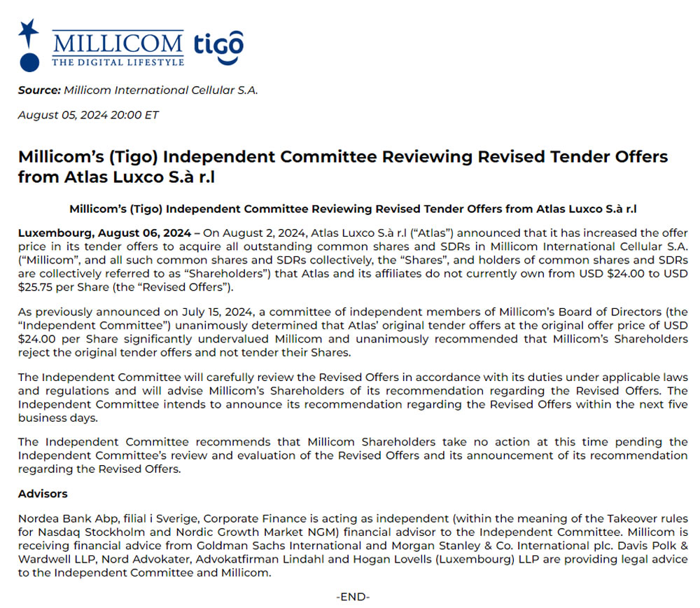 Millicom considera nueva oferta de Atlas Luxco que la sube a 25,75 USD por acción 
