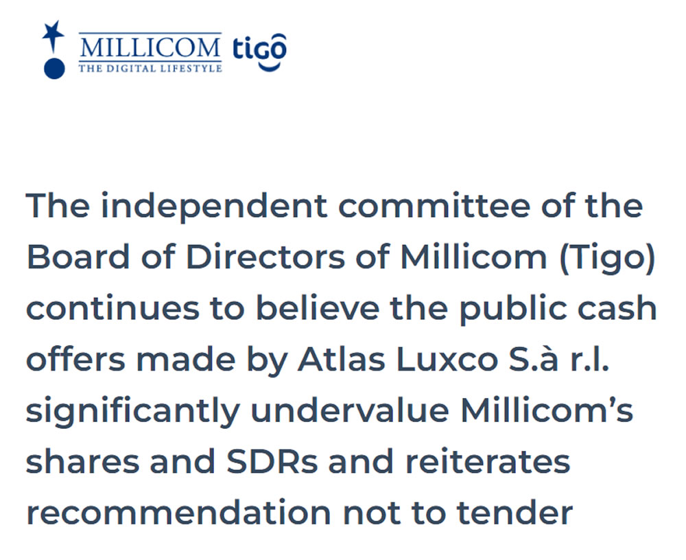 Comité independiente de Millicom -Tigo- recomienda no aceptar última oferta de compra