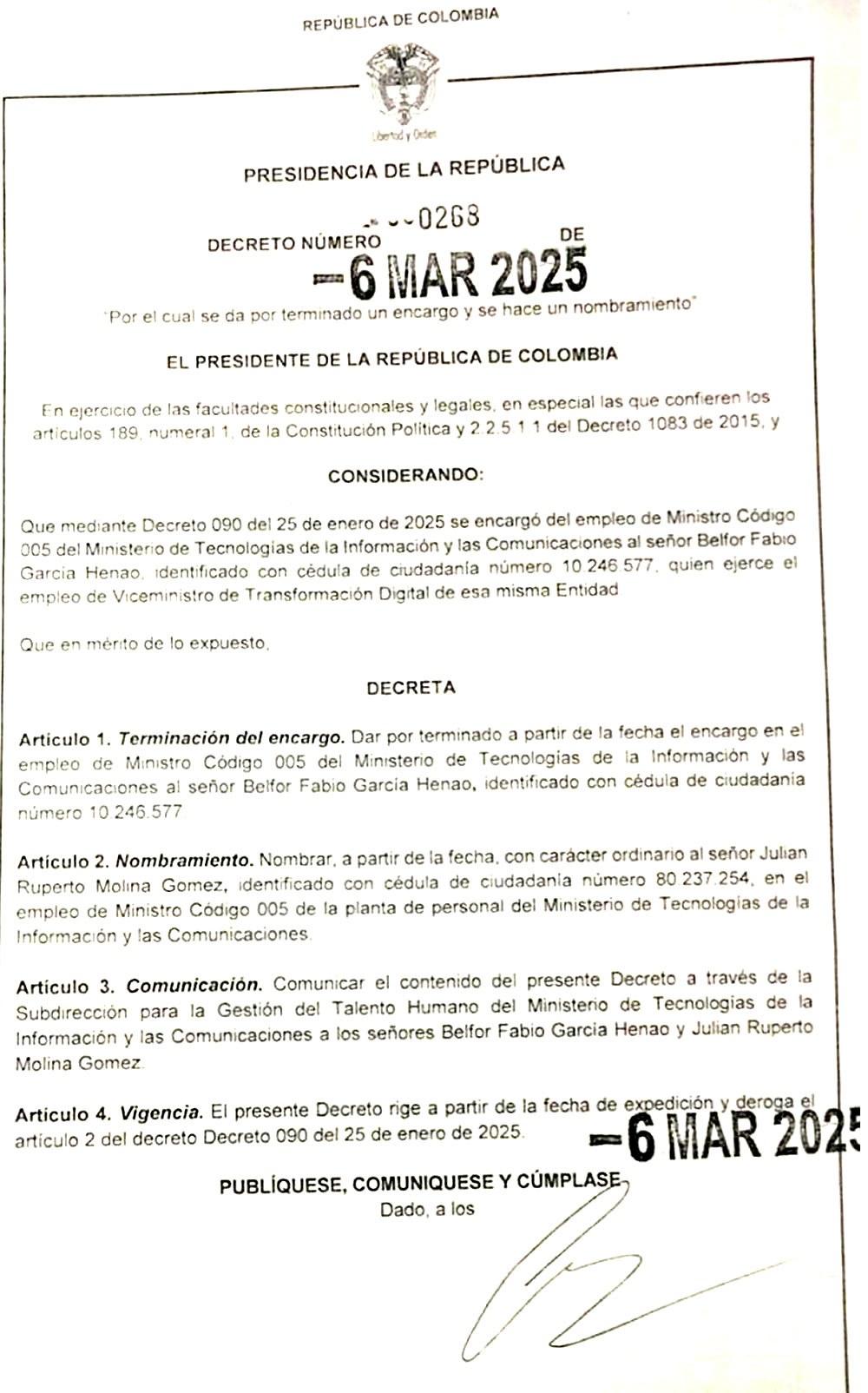 Decreto 268 de marzo 6 nombra a Julián Ruperto Molina como ministro TIC