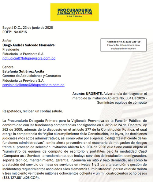 Procuraduría emite alerta a Fiduprevisora por evaluación